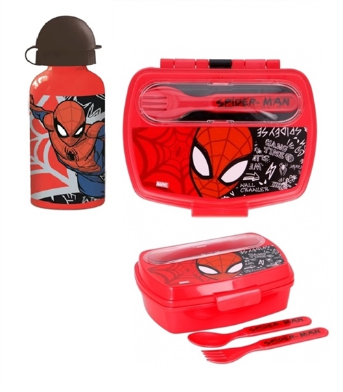 Spiderman madkasse m. ske, gaffel og drikkedunk aluminium